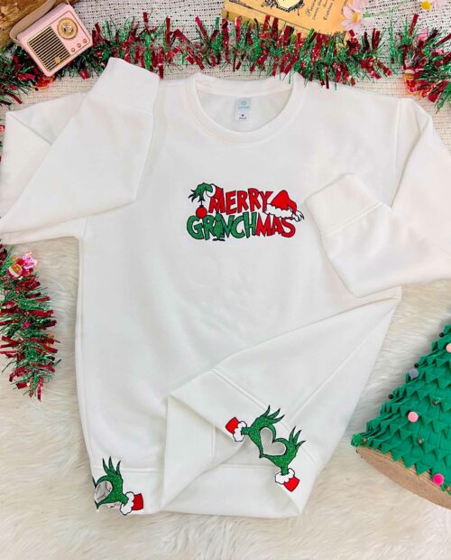 Merry Grinchmas side bow –  Embroidered Sweatshirt