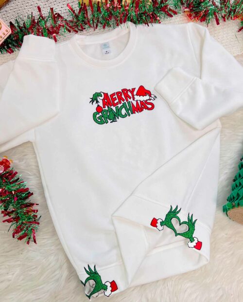 Merry Grinchmas side bow –  Embroidered Sweatshirt